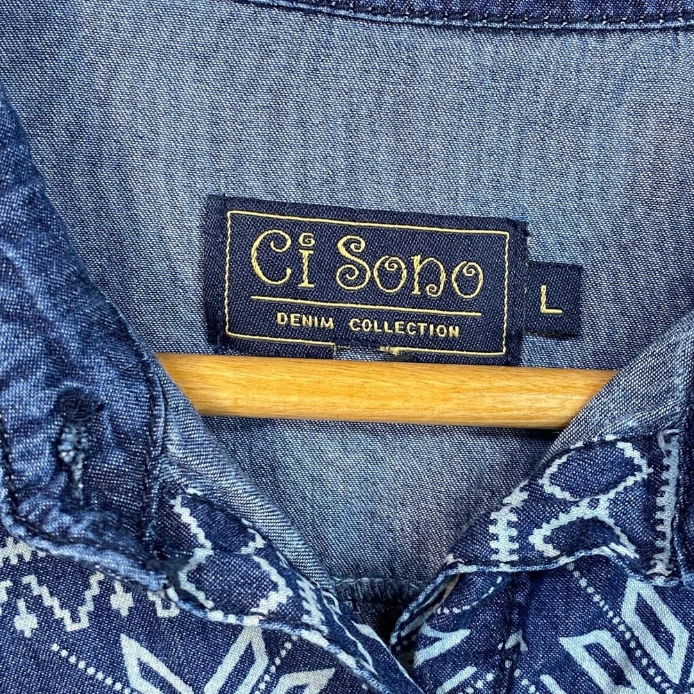Ci Sono Women L Button Up Shirt Blue Snowflake Print Denim Western Long Sleeve - Picture 5 of 15